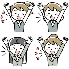 バンザイをする若い女性の上半身セット