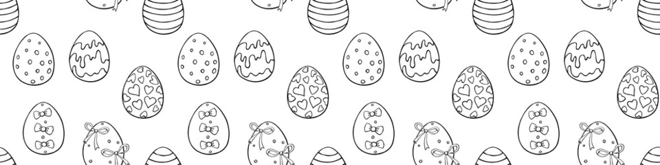 Vector seamless pattern with outline Easter eggs. Spring hand drawn doodle, holiday backgrounds and textures with decorative elements