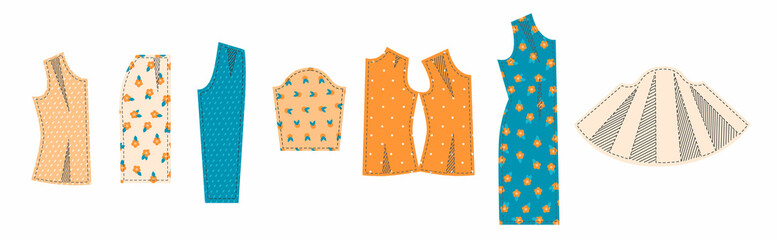 A set of patterns for a tailor dress, blouse, trousers. Illustrations on the theme of cutting and sewing. Vector illustration
