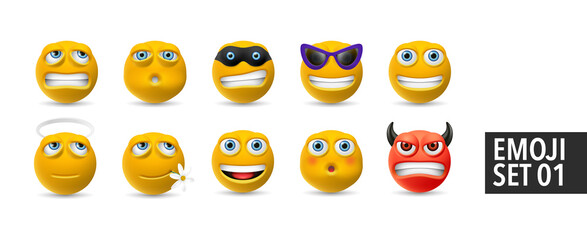 Set of vector emotion icons. Happy, sad emoji faces. Yellow cartoon characters