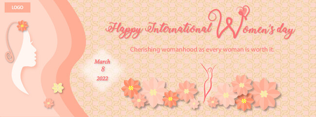 happy international women's day, 8 march 2022, Facebook cover, template, Linkedin, Twitter,  peach background with flowers, confetti and woman's silhouette, vector,  resizeable