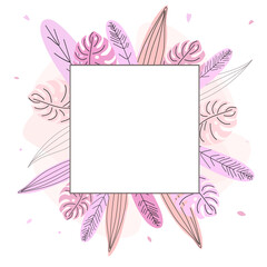 A square floral-tropical  pink frame for social networks in the style of a doodle.