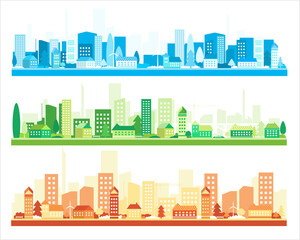 Three vector posters with city views. Modern cities with skyscrapers, houses and mountains. Panoramic view.