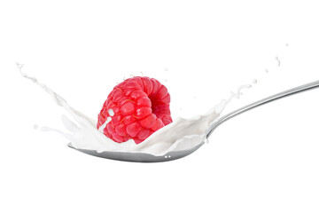 Milk or yogurt splash with fresh raspberry isolated on white background.