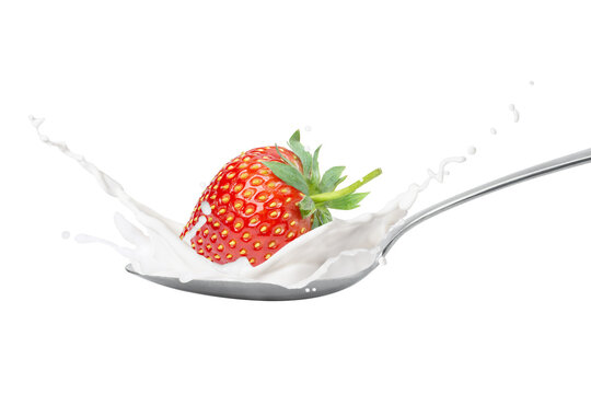 Milk or yogurt splash with fresh strawberry isolated on white background.