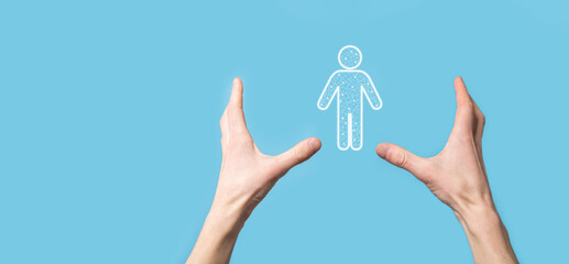 Hand holds man person icon on dark tone background.HR Human ,people iconTechnology Process System Business with Recruitment, Hiring, Team Building. Organisation structure concept