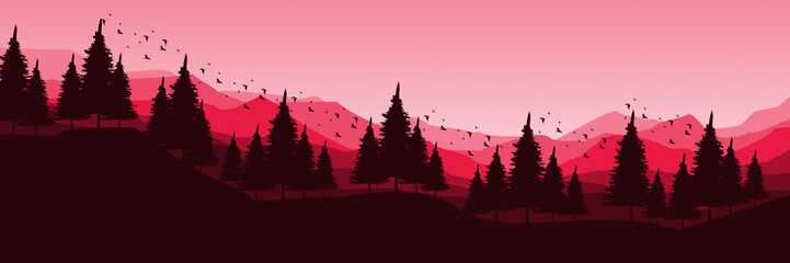 sunrise at mountain with pine tree silhouette flat design vector banner template good for web banner, ads banner, tourism banner, wallpaper, background template, and adventure design backdrop