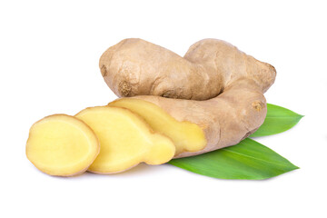 Fresh ginger root with cut slice isolated on white background