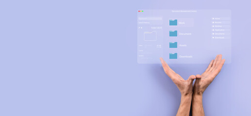 Document management concept. Virtual screen icons Document Management System DMS Online document database, software for efficient archiving, searching and management of company files and data.
