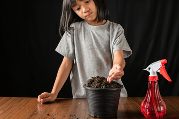 Children planting vegetable on planting pot. kid leisure activitie. Young Asian girl happy to prepare soil for planting tree.