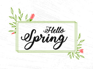 Spring lettering. Vector illustration with texture on a white background. A frame of green branches and leaves and pink flowers.
