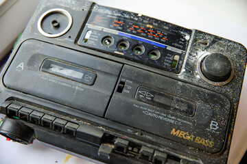 Obraz premium An old cassette audio recorder. Old stuff.