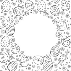 Vector frame, border from outline ornamental easter eggs, flowers. Simple spring holiday background, decoration in doodle style