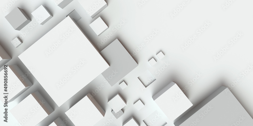 Poster diagonal composition of white cubes of different sizes on a white background