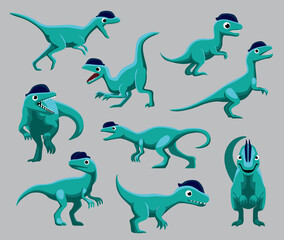 Cartoon Dinosaur Dilophosaurus Cute Various Poses Cartoon Vector Illustration