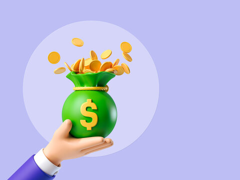 Businessman hand holding green money bag with golden coins. Concept of attraction coins. Financial metaphor, revealing the concept of cashback and making money. 3d render