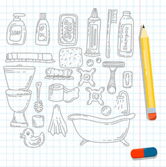 Bath doodle vector illustration. Hand draw set of home bathroom hygiene accessories. Sketch icons for hotels, plumbing and cosmetics stores