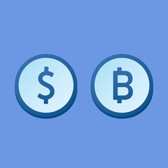 Gold coin and Bitcoin logo design. Coin cartoon vector on blue background.