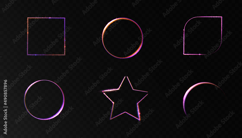 Poster set of purple frames with light effects. isolated on black transparent background. vector illustrati