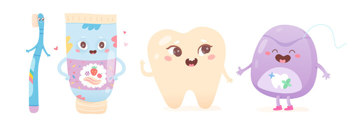 Cute floss, toothbrush and toothpaste to clean tooth, kawaii dental product and equipment