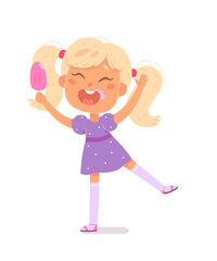 Happy girl holding pink ice cream to eat and enjoy, kid in summer dress jumping with fun