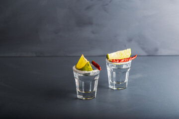 Closeup detail view of tequila shots from studio with copy space.
