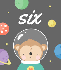 Birthday Party, Greeting Card, Party Invitation. Kids illustration with Cute Monkey Cosmonaut and an inscription six. Vector illustration in cartoon style.