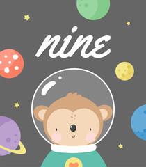 Birthday Party, Greeting Card, Party Invitation. Kids illustration with Cute Monkey Cosmonaut and an inscription nine. Vector illustration in cartoon style.