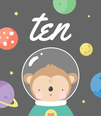 Birthday Party, Greeting Card, Party Invitation. Kids illustration with Cute Monkey Cosmonaut and an inscription ten. Vector illustration in cartoon style.
