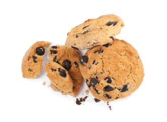 Tasty chocolate chip cookies on white background, top view