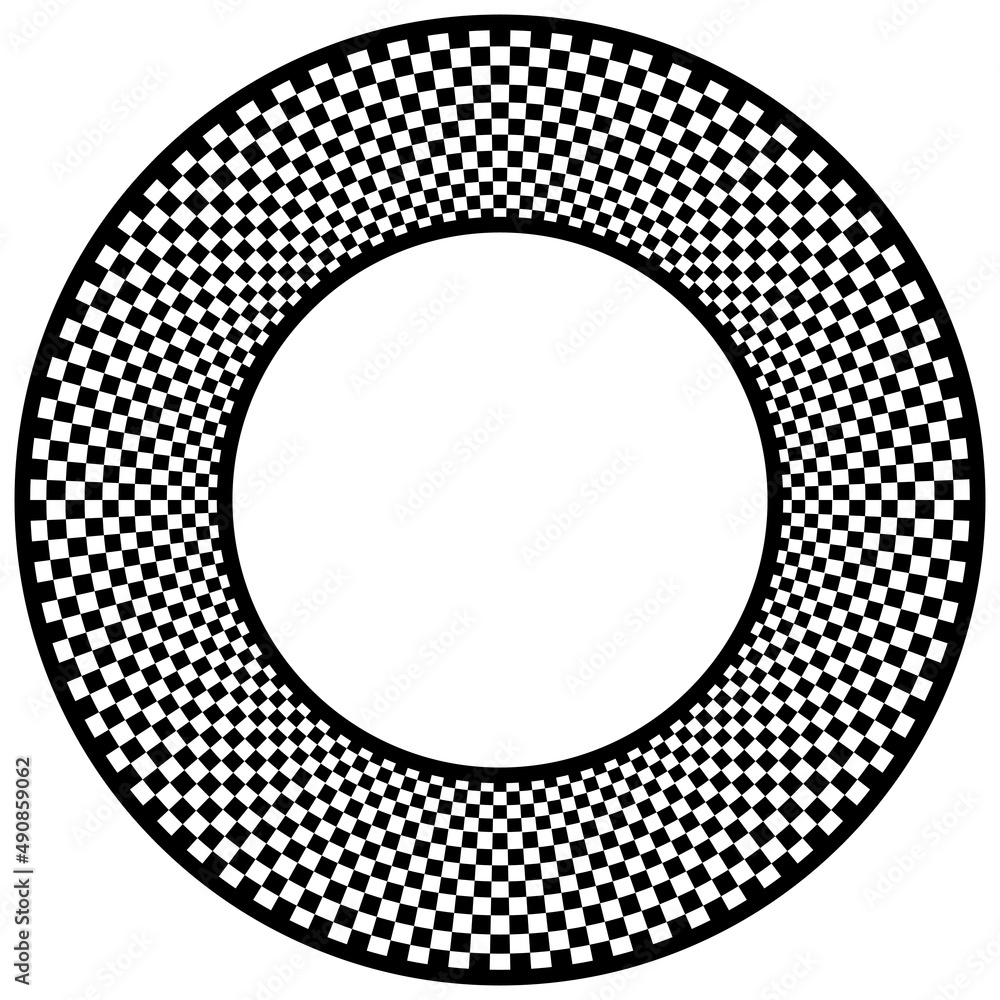 Poster abstract checkered round frame. black circle frames with chess patterns isolated on black background