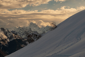 Naklejka na ściany i meble Ski mountaineering in the Mount Zoncolan ski area, Carnic Alps, Friuli-Venezia Giulia, Italy