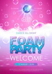 Disco foam party poster.  Soap foam with soap rainbow bubbles. Vector illustration