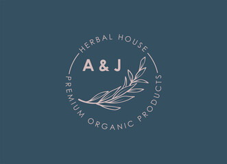 Botanica vector logo. Bio cosmetics emblem. Organic product sign. Leaf and flowers illustration