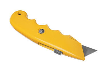 Yellow utility knife isolated on white. Construction tool