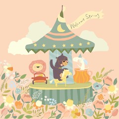 Obraz premium Cute Cartoon Animals on a Merry go Round in a Flower Meadow