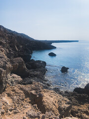 Rocky sea coastline, blue sea, seascape