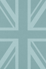 British flag outline on light blue paper surface. Pale grey texture with cellulose fiber. Vertical graceful wallpaper or background. Symbol of the Great Britain