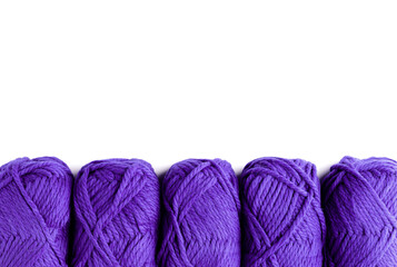 yarn skein ball blue color wool for needlework hobby creativity on white background horizontal photo with place for inscription copy space place for text mockup top view