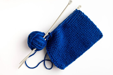yarn skein ball blue color wool for needlework hobby creativity on white background horizontal...