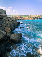 Rocky sea coastline, blue sea, seascape