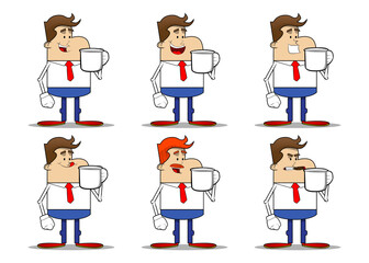 Simple retro cartoon of a businessman holding big mug. Professional finance employee white wearing shirt with red tie.