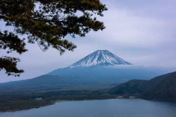 富士五湖周辺から朝霧をまとう富士山を望む。
