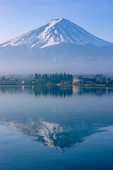 富士五湖周辺から朝霧をまとう富士山を望む。