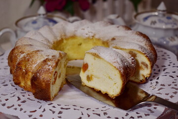 cottage cheese casserole with dried fruits close-up