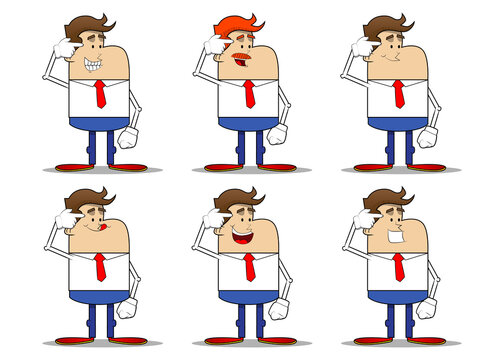 Simple retro cartoon of a businessman puting an imaginary gun to his head. Professional finance employee white wearing shirt with red tie.