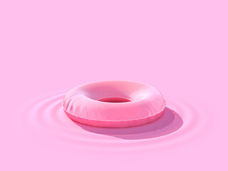 Inflatable circle on a pink pastel background. Summer vacation concept. Minimal abstract wallpaper concept. Velvet season. Flat lay. 3d render