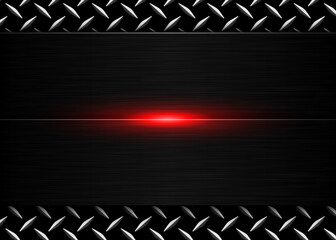 Black metallic background, brushed metal banner on diamond plate texture, 3D dark pattern design with red glowing light, vector illustration.