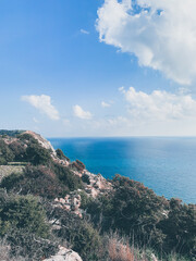 Fototapeta premium Rocky sea coastline, blue sea, seascape
