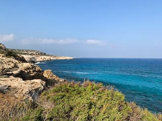 Rocky sea coastline, blue sea, seascape